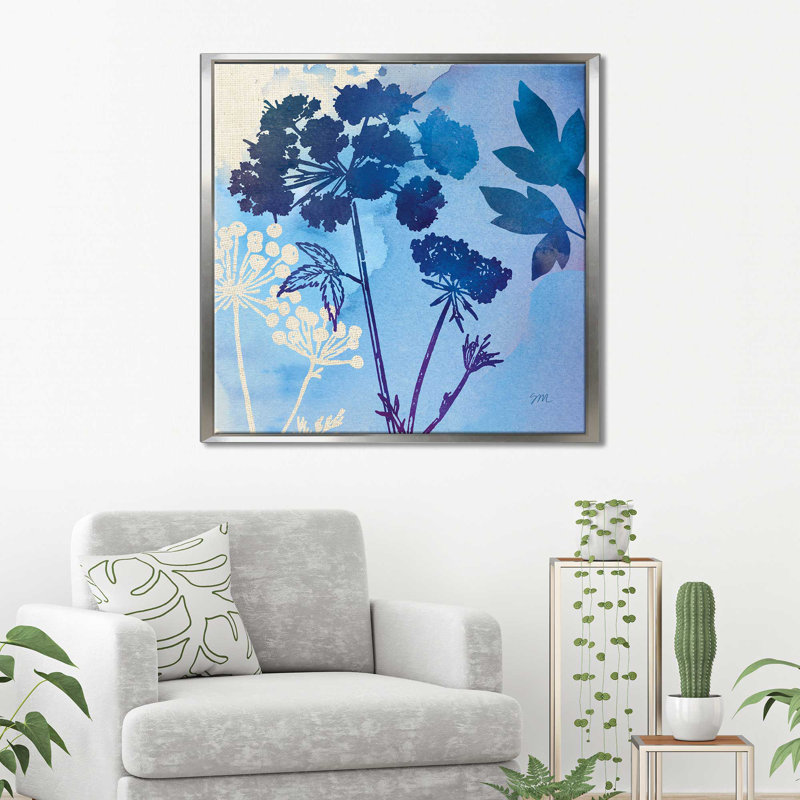 «Blue Sky Garden III», reproduction d'aquarelle sur toile, H 27,5 po x l 27,5 po x P 2 po, Cadre flottant argent