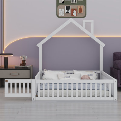 Wood House Platform Bed With Guardrail