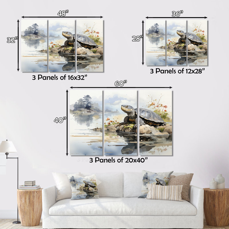 Asian Art Turtle Sumi I - 3 pièces sur toile tendue, H 32 po x l 48 po x P 1 po