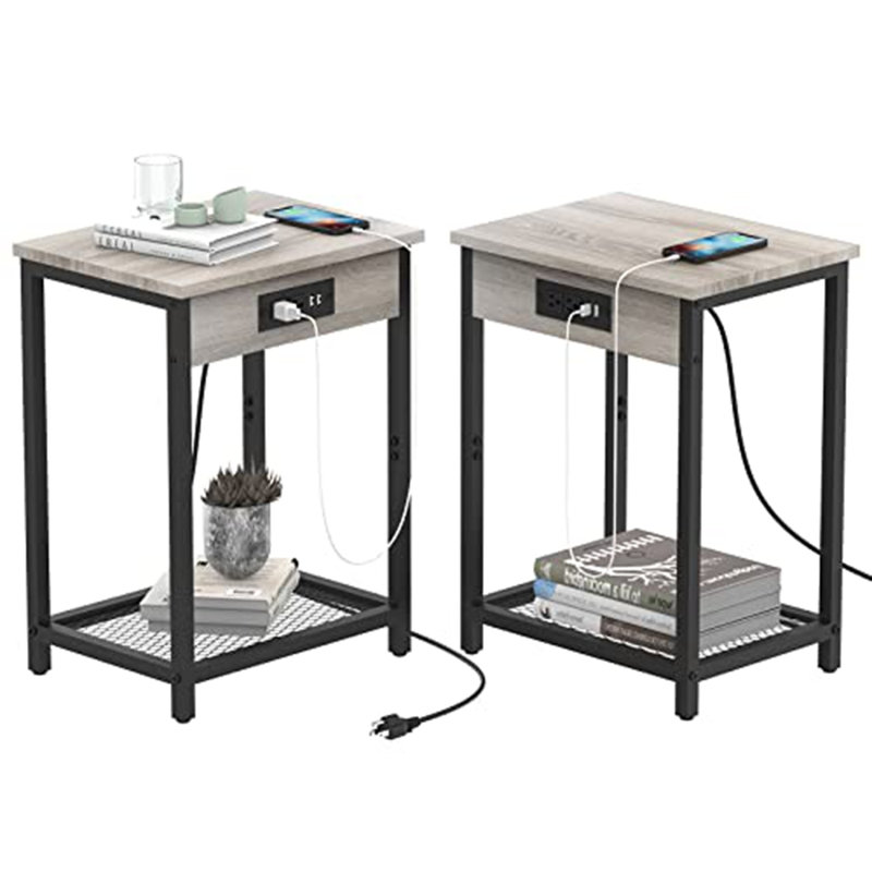 2-Pack Industrial Side Tables with USB Charging Port, Rustic Nightstands with Metal Mesh Shelf