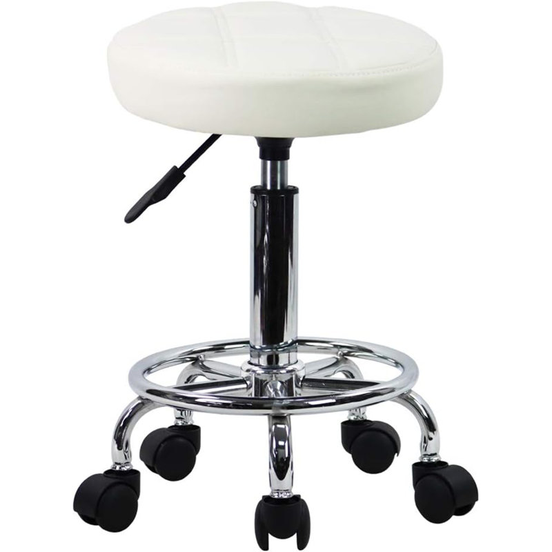 White Round Rolling Stool Chair – PU Leather, Height Adjustable, Swivel, With Wheels, Small Stool For Office/SPA/Medical/Salon/Drafting Work