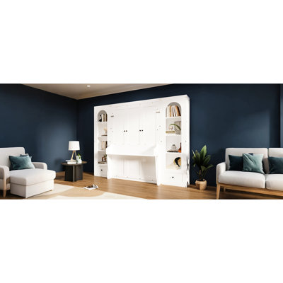 White Queen Bed With Shelf, Side Cabinets, Led And Drawers - Wood Assembly, French Style, Storage Lighting Platform Pine Build, Design, Nighttime Function