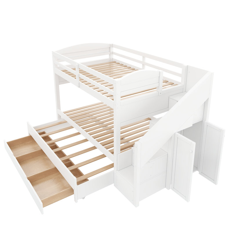Lit superposé avec lit gigogne, escalier de rangement et garde-robe, parfait pour maximiser l'espace et le rangement dans les chambres d'enfants
