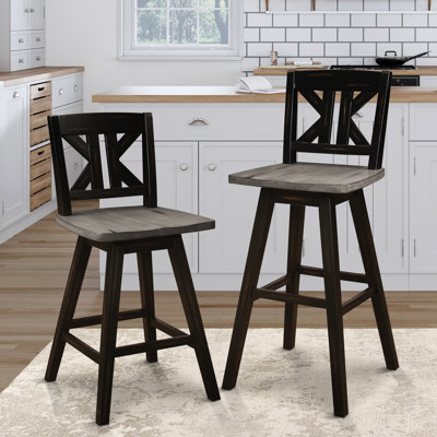 2 chaises pivotantes à hauteur de pub, en bois massif, gris et noir patiné, divisées, tabourets de salle à manger de 2 chaises en bois d'hévéa, 2 tons gris noir rustique