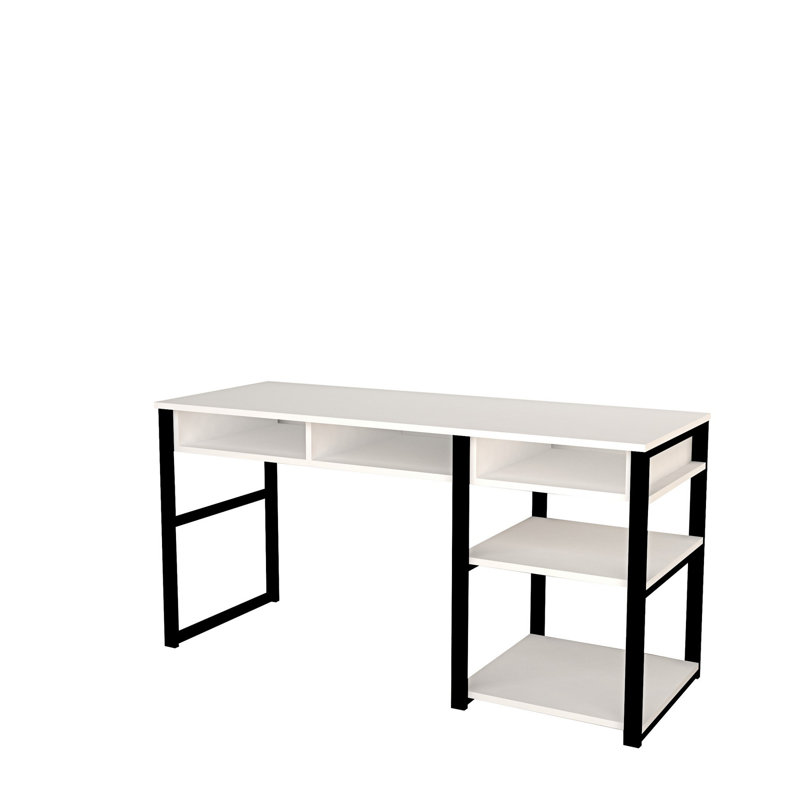 Bureau d'étude polyvalent avec pieds en métal, blanc et noir, 59,1 x 29,8 x 23,0 pouces | 100% panneau de particules enduit de mélamine, épaisseur: 0,7 pouce | Rangement supplémentaire, parfait pour les bureaux à domicile et les espaces d'étude