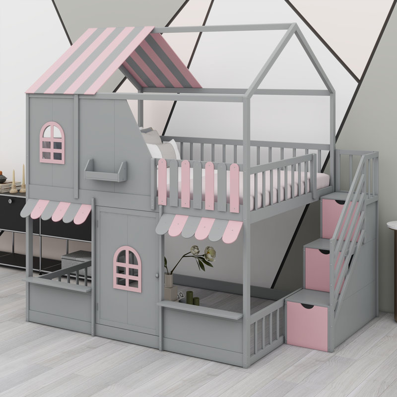 Cadre de lit superposé en bois sur le thème de la maison avec toit, porte et marches de rangement, Gray+Pink