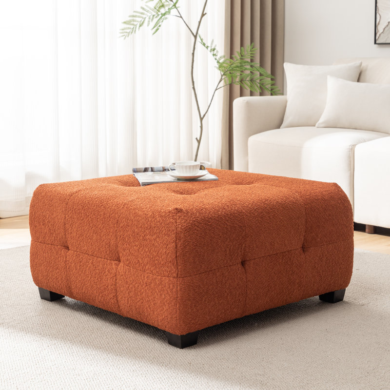 Ashyiah 32'' Wide Upholstered Tufted Ottoman, Orange Boucle