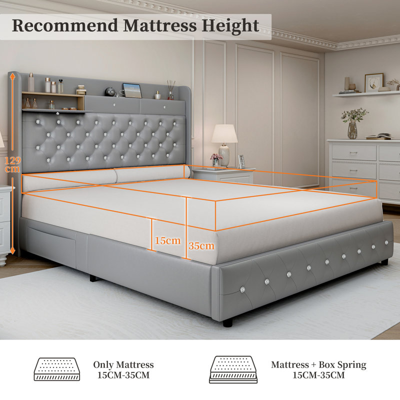 Upholstered Bed, Double(4'6), Gray