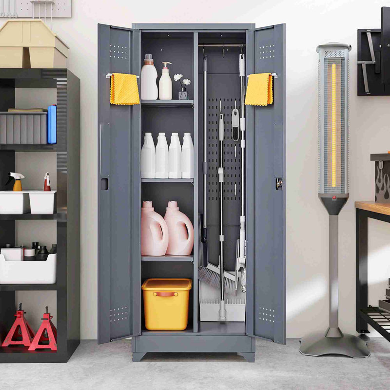 Broom Storage Cabinet With Locking Doors And Shelves, Metal Storage Cabinet With Hanging Rod and S-Hooks, Gray