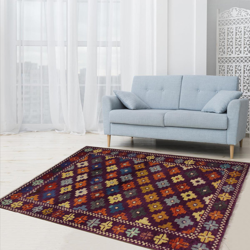 Tapis géométrique beige / mauve / rouge en laine noué à la main à motif géométrique 3 pi 4 po x 4 pi 11 po Laudalino