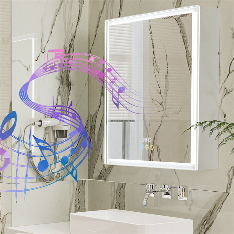Surface Frameless LED Davaughn Mirror With 2 Adjustable Shelf & Bluetooth Speaker, 70cm H x 50cm W x 14.3cm D