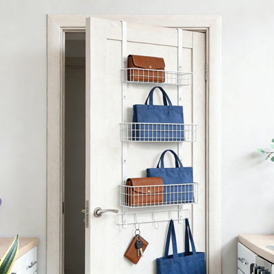 Over The Door Organizer With 3-Tier Baskets And 5 Hooks, Space Saving Storage Hanger For Bathroom, Kitchen, Office, And Closet