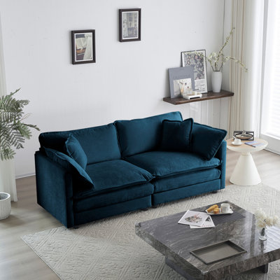 Modern Fabric - Blue Chenille, 2 With 4 Pillows, Strong Solid Wood Frame, Breathable Upholstery Chenille Couch For Living Area, Sponge Filled, Wooden Elegant Comfortable