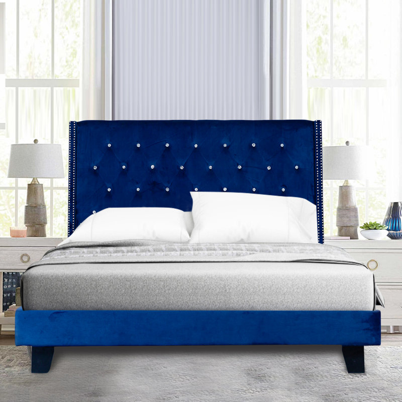 Dendrick Upholstered Tufted Velvet Bed, Queen, Blue
