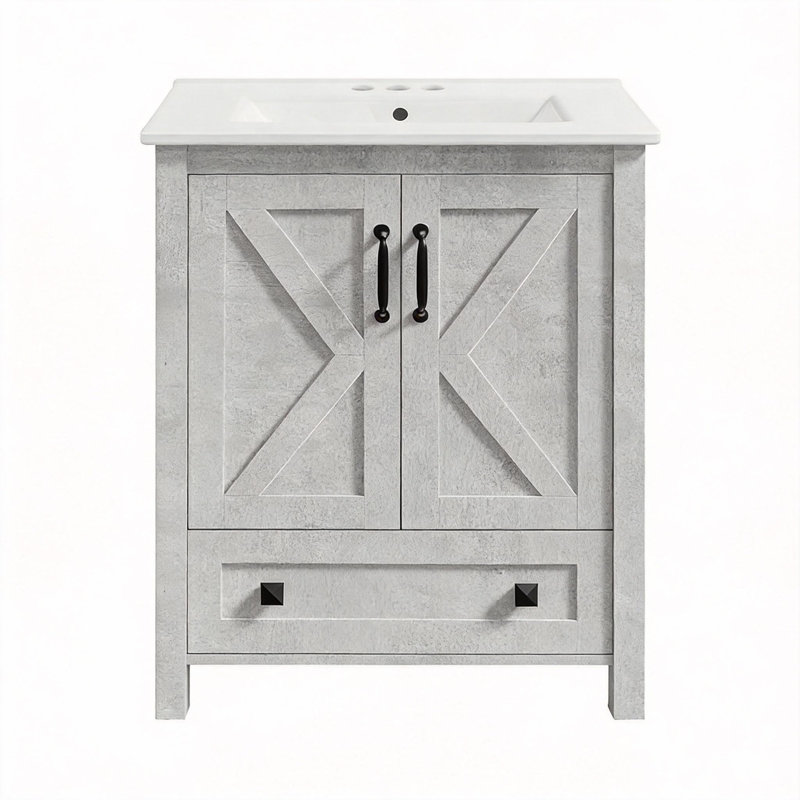30" Bathroom Vanity with Ceramic Sink, Freestanding Modern Vanity Cabinet with 2 Doors and Storage Drawer, Light Gray