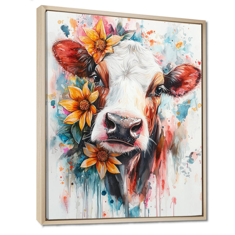 Keily Cow, peinture avec ferme, fleurs II, Impression encadrée flottante, Crème, crème, H 20 po x l 12 po