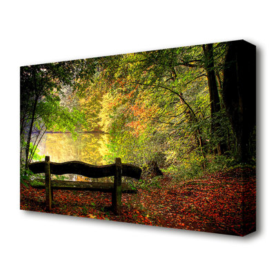 Empty Bench In Fall Scene Landscape - Wrapped Canvas Print