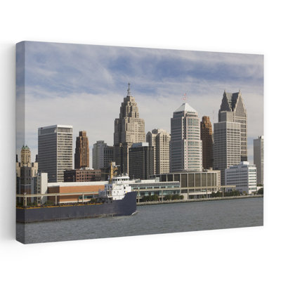 USA Michigan Wayne County Detroit along Detroit River from Windsor Ontario Canada 1 Piece Wrapped Canvas Wall Art