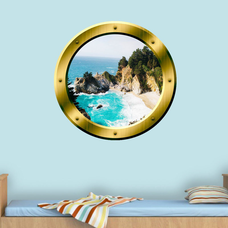 Adhésif décoratif hublot 3d beach view, H 14 po x l 14 po x P 0,01 po, Jaune / Bleu