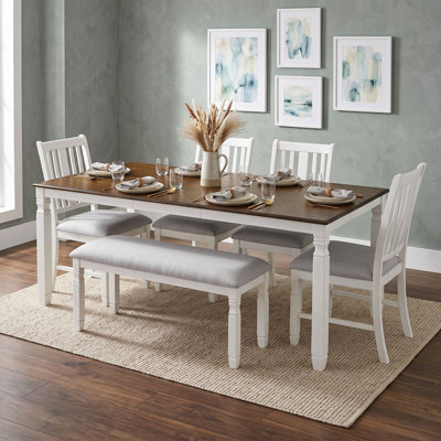 6-Piece Extendable Farmhouse Dining Table Set with Rectangular Table, Four Upholstered Chairs and Bench