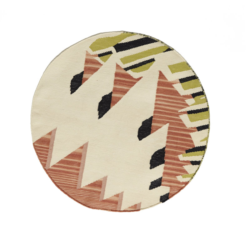 Round Shale Abstract Flatweave Cotton Area Rug in White, Round 7'