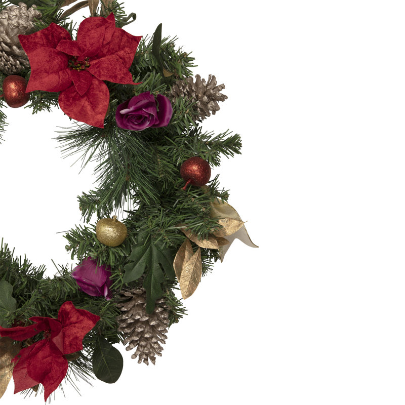 Couronne de Noël artificielle décorée rouge poinsettia et rose non éclairée 24 pouces