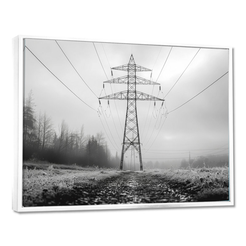 Lignes électriques monochromes d'hiver gris Aura Power Lines - Power Lines Wall Art Living Room, Cadre flottant blanc