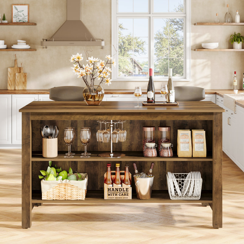 59 Inch Large Kitchen Island Table with 2-Tier Open Storage