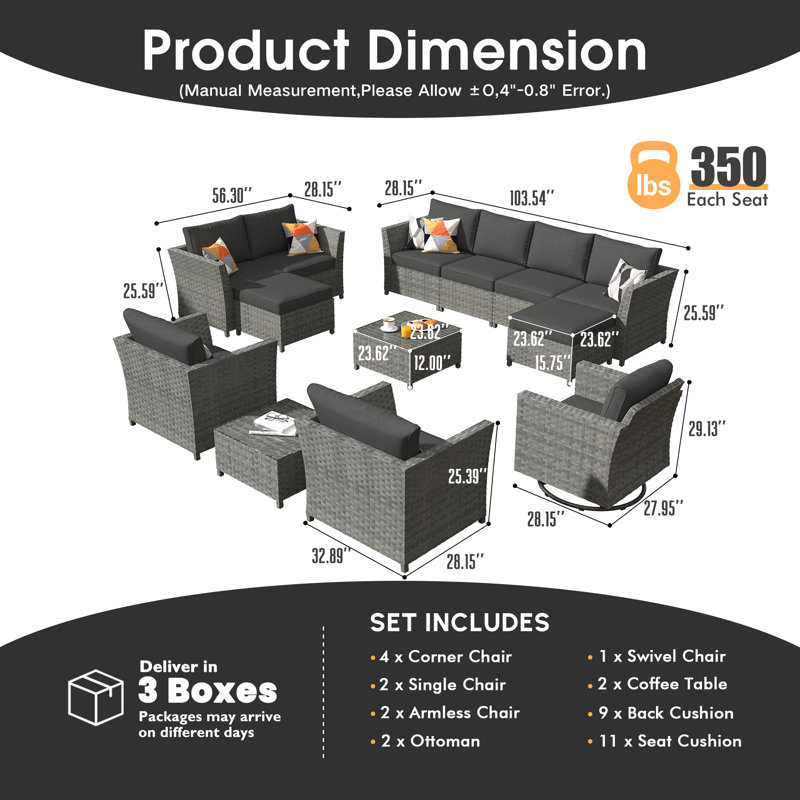 Kirill 9 - Person Patio Conversation Set with Cushions, Black
