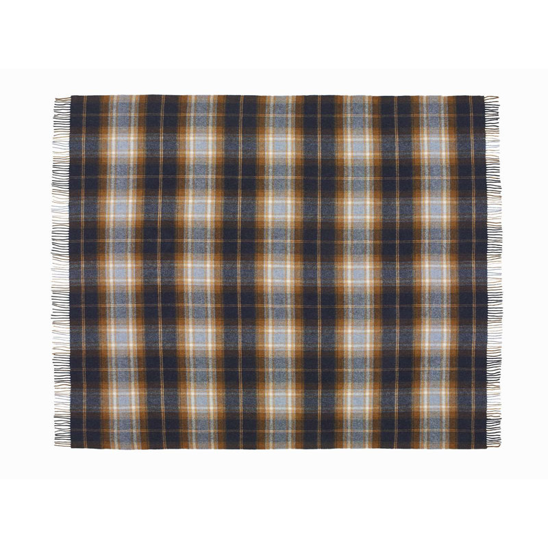Jeté tissé en laine d'agneau Merino, Bleu / orange / damier bleu marine