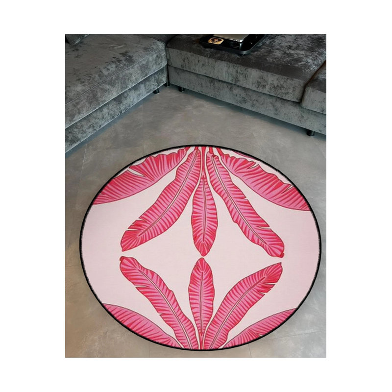 Powder Pink Tropical Leaves Patterned Round Woven Base Modern Decorative Carpet, Round 3'4"