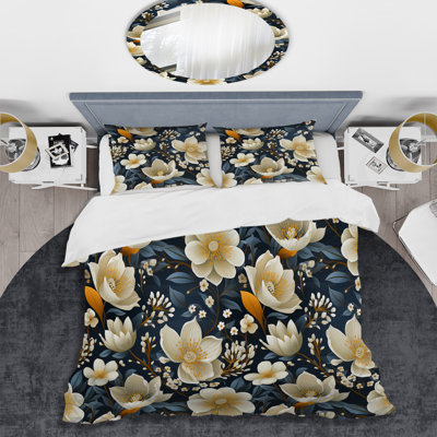 Ensemble de housse de couette floral bleu foncé et blanc à motif de jonquille Allure