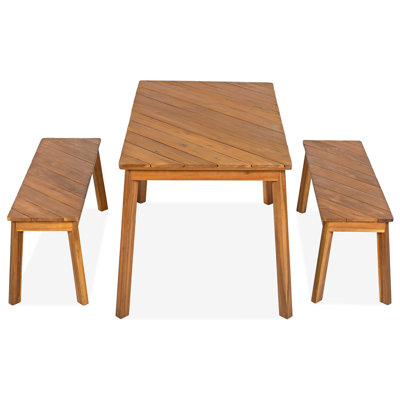 Ensemble de salle à manger 3 pièces pour table d'extérieur en bois d'acacia avec 2 bancs, table de pique-nique pour patio, porche, jardin, bord de piscine, naturel