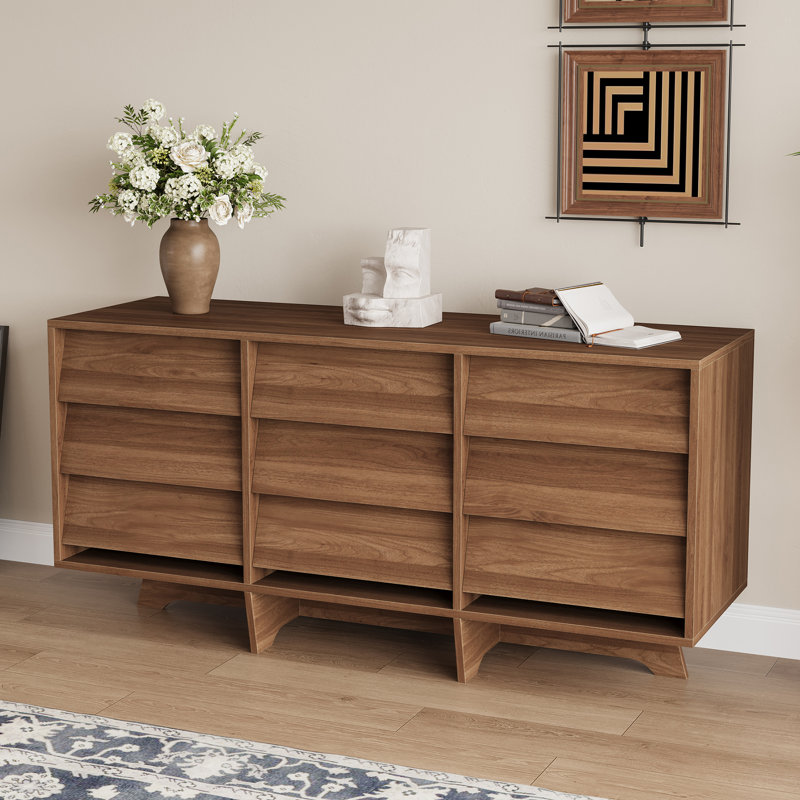 Armoire latérale 59 po avec tiroirs inclinés de style noyer, luxe moderne avec rangement multicouche, convient au salon et à la salle à manger