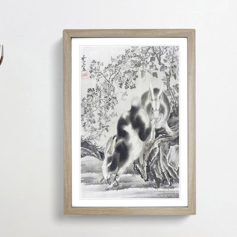 Rabbits by Kawanabe Kyosai - Picture Frame Painting Print, 65cm H x 48cm W x 2cm D, Oak Framed
