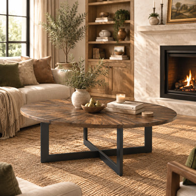 Wexford Collection val Solid Wood Veneer Coffee Table with Metal Frame – Rustic Industrial Living Room Accent Table, Sturdy Hardwood Top, Modern Farmhouse Style, 48"