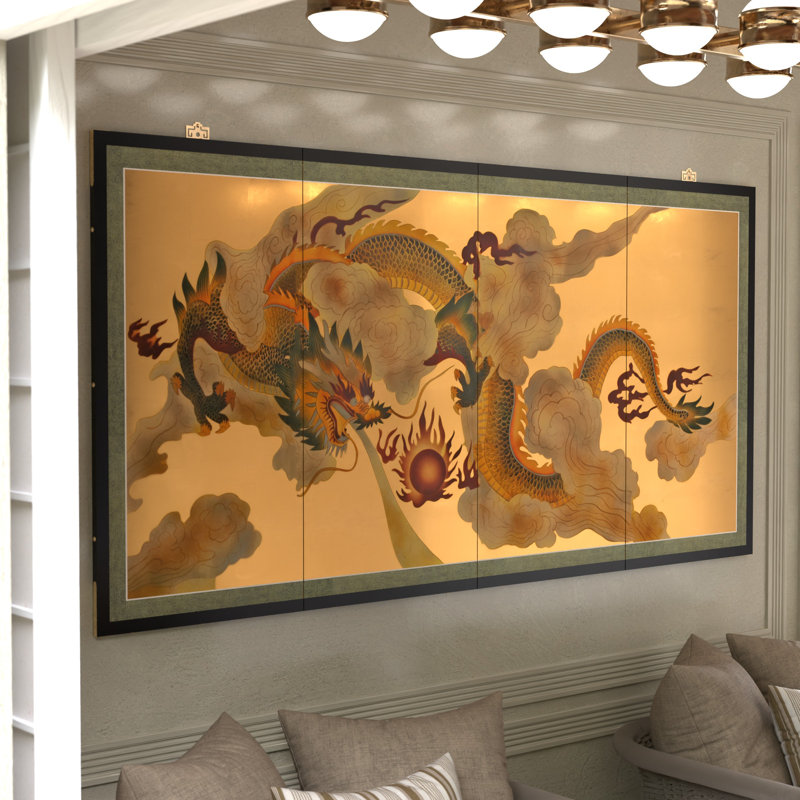Peinture chinoise sur paravent en feuille d'or, Dragons
