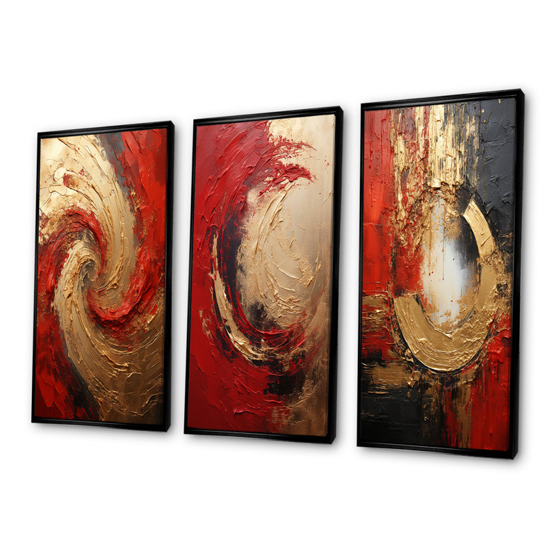 «Red Gold Fusion Spiral» - ensemble de 3 toiles abstraites - ensemble d'art mural moderne, Cadre flottant noir