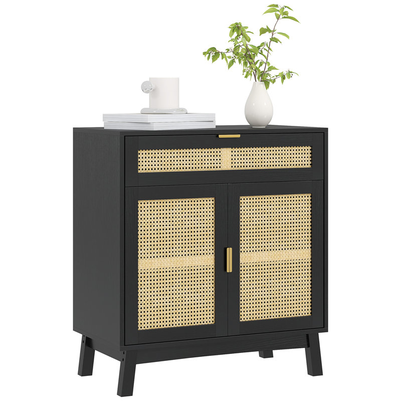 Buffet Boho avec portes en rotin, Noir, noir, noir, noir