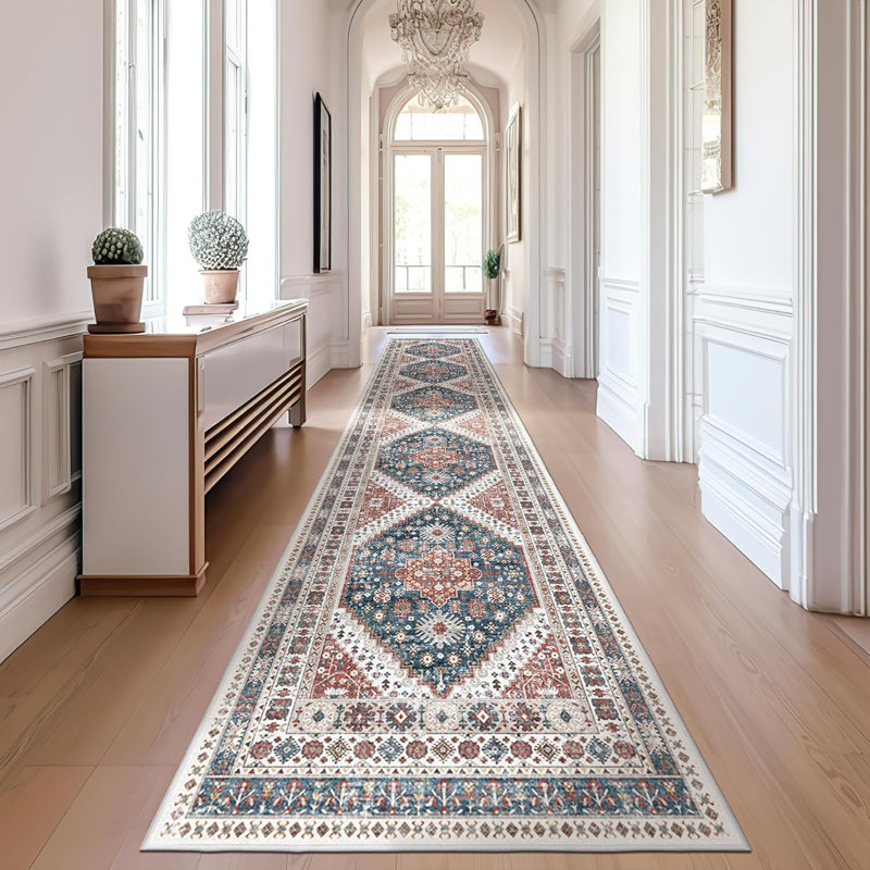 Medallion Non Slip Washable Rug(Red), Runner 2' x 12'