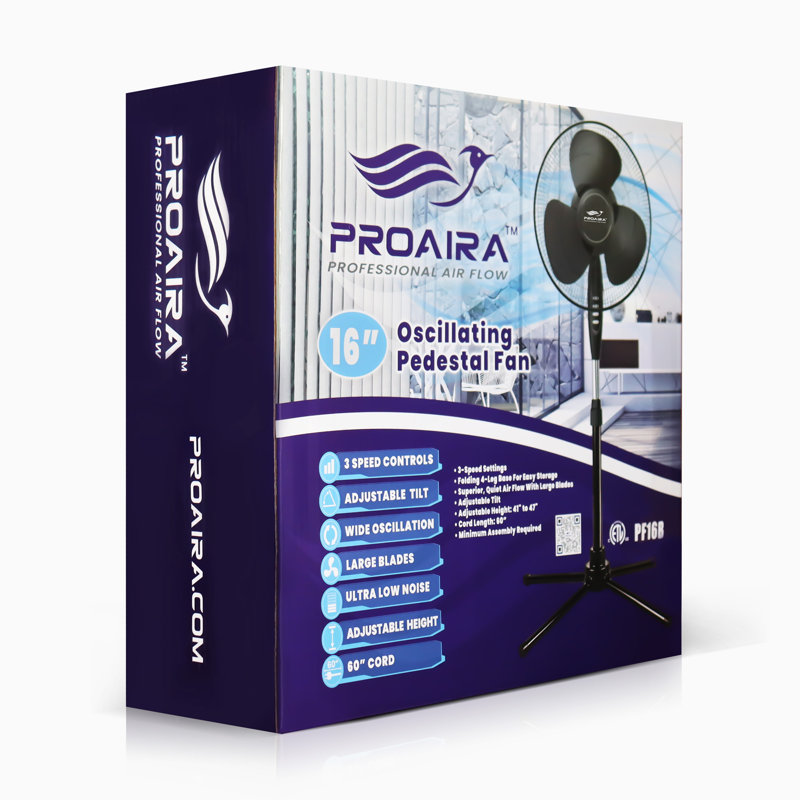 Proaira Black 16" Oscillating Pedestal Fan with Adjustable Height