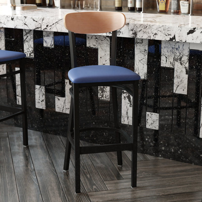 Commercial Metal Barstool with Wood Seat and Boomerang Back, Natural Birch, Blue
