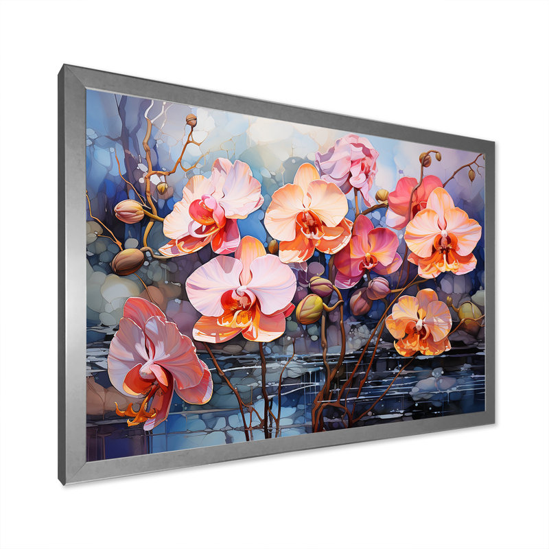 «Pink and Orange Wild Expression Orchids I», reproduction sur toile, Cadre simple argenté, H 30 po x l 40 po x P 1,5 po