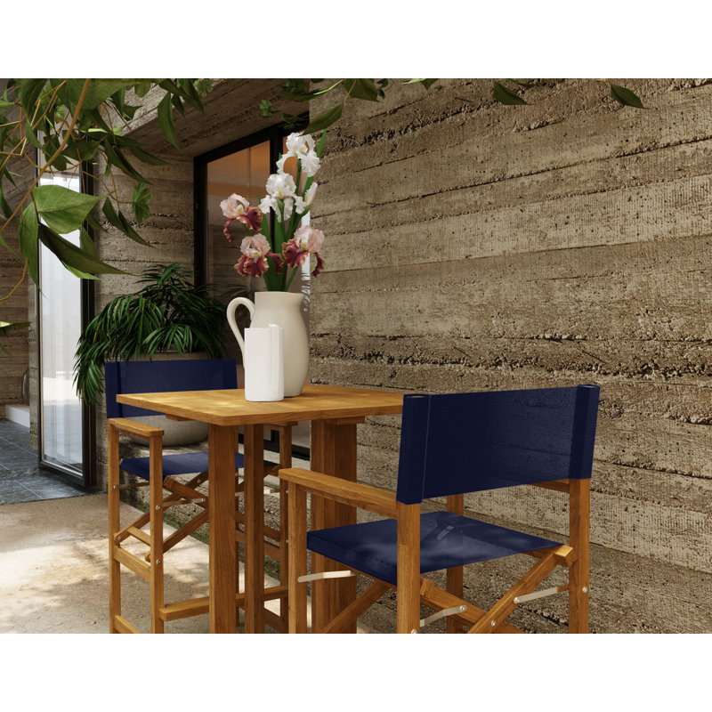 Mountford 3-Piece Square Teak Outdoor Bar Height Dining Set with Folding Armchairs, Blue