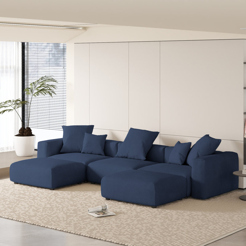 Olivery Nedek Upholstered Boneless 5-Piece Modern Modular Cloud Corduroy Fabric Sectional Sofa With Ottoman, Blue Corduroy