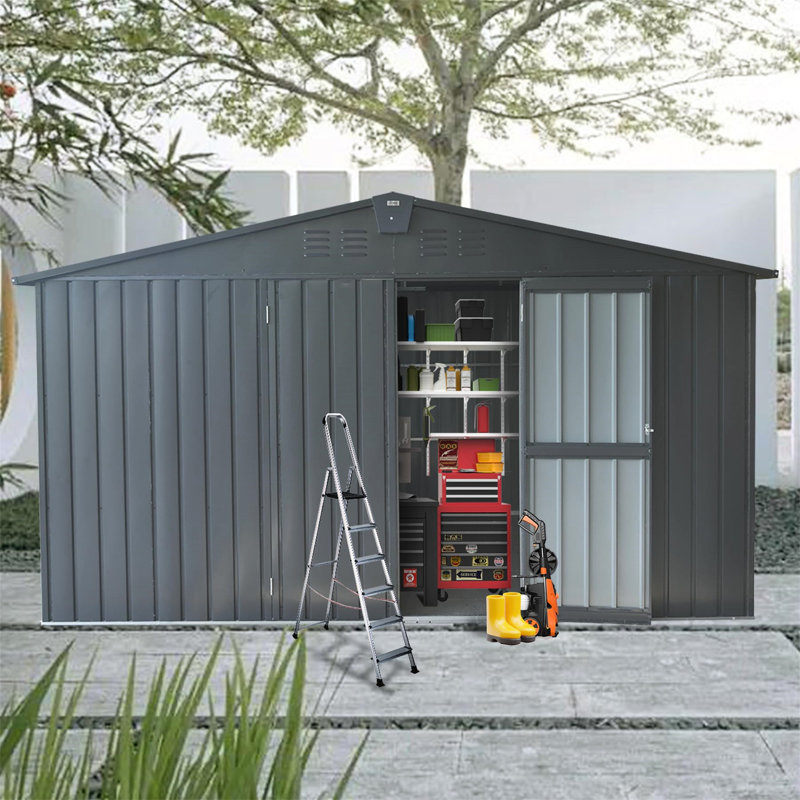 Maison de jardin 11 pi x 9 pi, gris foncé, cadre en acier galvanisé, porte verrouillable, amplement d'espace pour les outils et les vélos, structure de remise grise, imperméable