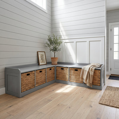 Banc de rangement d'angle avec 6 tiroirs en osier - Siège d'entrée en forme de L, peu encombrant, assemblage rapide