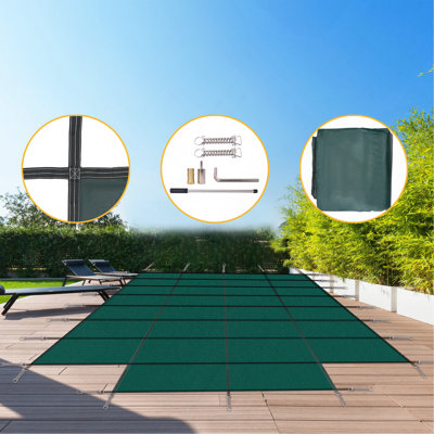 18' x 36' Rectangular Inground Pool Safety Cover with 4' x 8' Center End Step, High-Strength Mesh PP with Hardware, Green Mesh