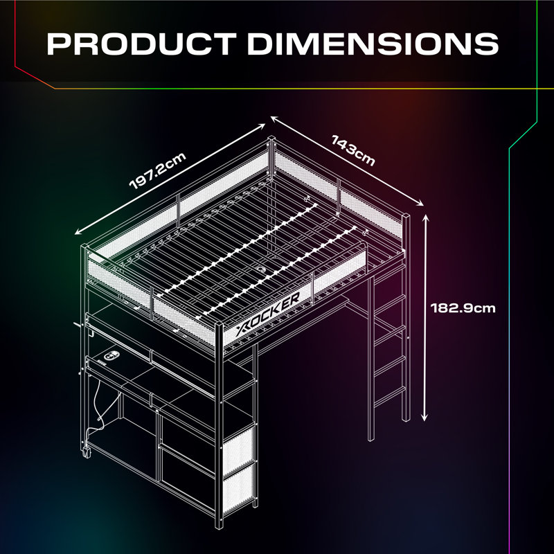 X Rocker Battlebunk XL RGB LED Double High Sleeper Gaming Bunk Bed with Desk - Black