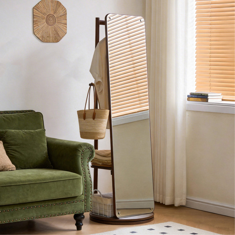 Miroir rotatif pleine grandeur avec portemanteau, miroir de rangement autoportant en bois massif pour le salon de la chambre à coucher